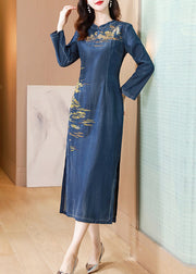 Chinese Style Blue Embroidered Patchwork Denim Long Dress Fall