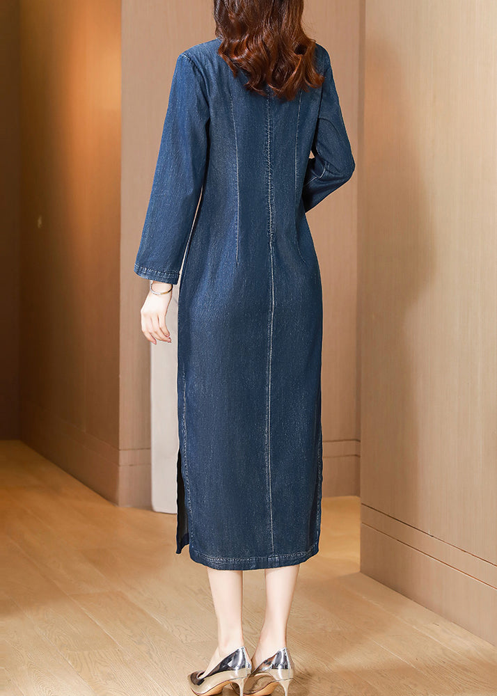 Chinese Style Blue Embroidered Patchwork Denim Long Dress Fall