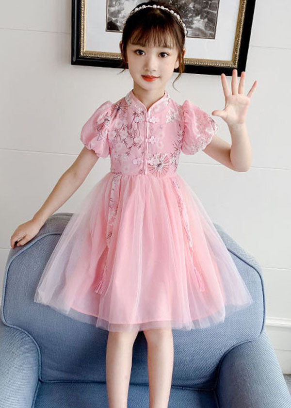 Chinese Style Blue Stand Collar Embroidered Patchwork Chiffon Kids Girls Dress Summer