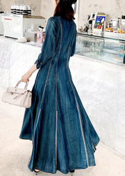 Chinese Style Blue Stand Collar Embroidered Patchwork Denim Dress Fall