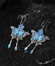 Chinese Style Blue Sterling Silver Cloisonne Butterfly Plum Blossom Tassel Drop Earrings