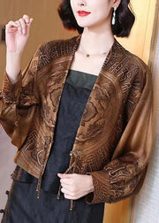 Chinese Style Coffee Tasseled Print Patchwork Silk Coats Batwing Sleeve