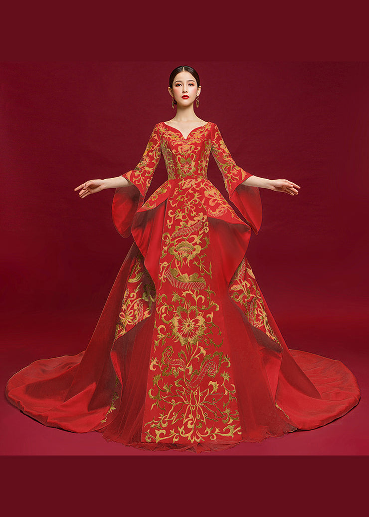 Chinese Style Embroidered Cheongsam Red Tail Evening Dress