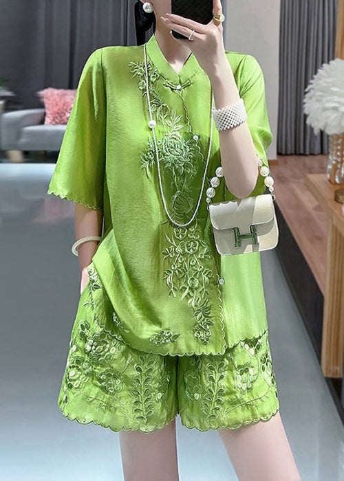 Chinese Style Green Button Embroideried Silk Cotton Two Pieces Set Sleeve