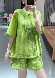 Chinese Style Green Button Embroideried Silk Cotton Two Pieces Set Sleeve