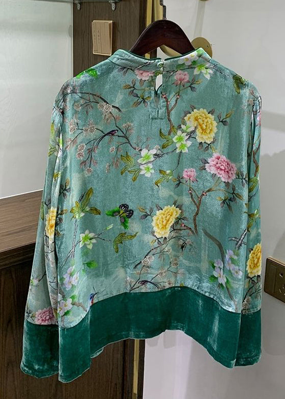 Chinese Style Green Button Print Patchwork Silk Velour Shirts Fall