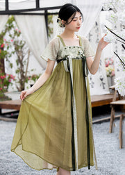 Chinese Style Green Embroidered Lace Up Patchwork Chiffon Dress Summer