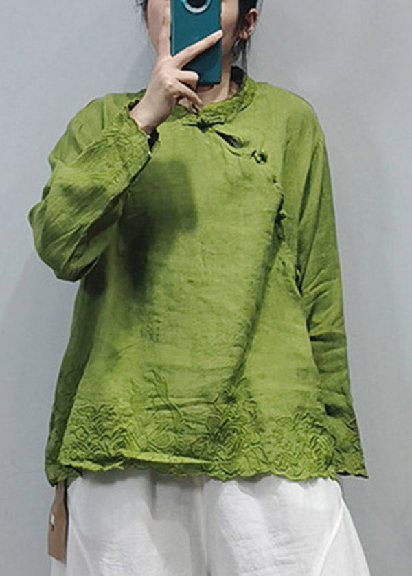 Chinese Style Green Embroideried Linen Shirt Top Long Sleeve