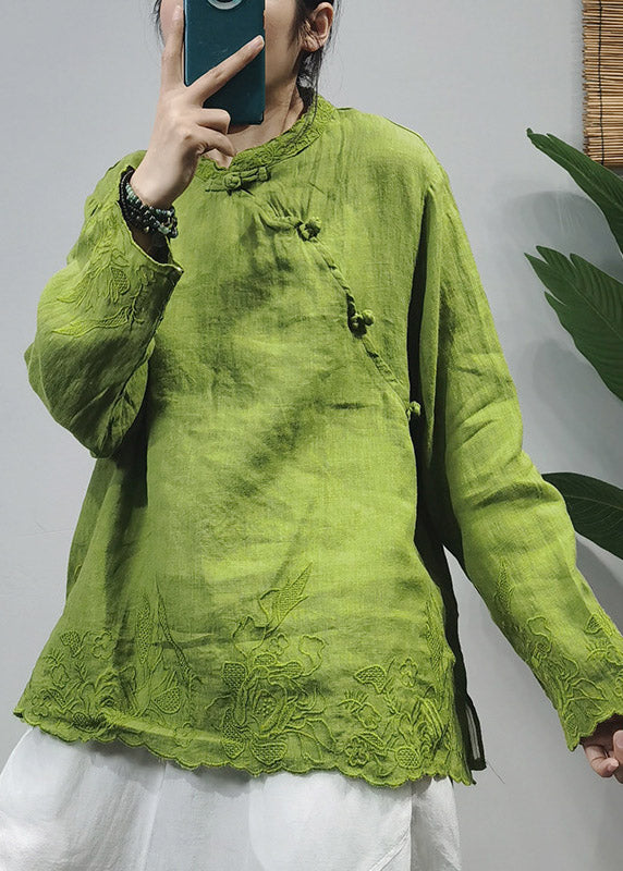 Chinese Style Green Embroideried Linen Shirt Top Long Sleeve