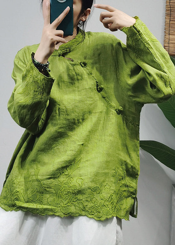 Chinese Style Green Embroideried Linen Shirt Top Long Sleeve