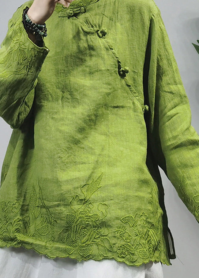 Chinese Style Green Embroideried Linen Shirt Top Long Sleeve