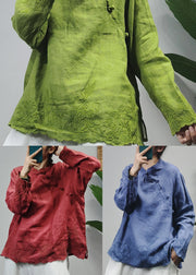 Chinese Style Green Embroideried Linen Shirt Top Long Sleeve