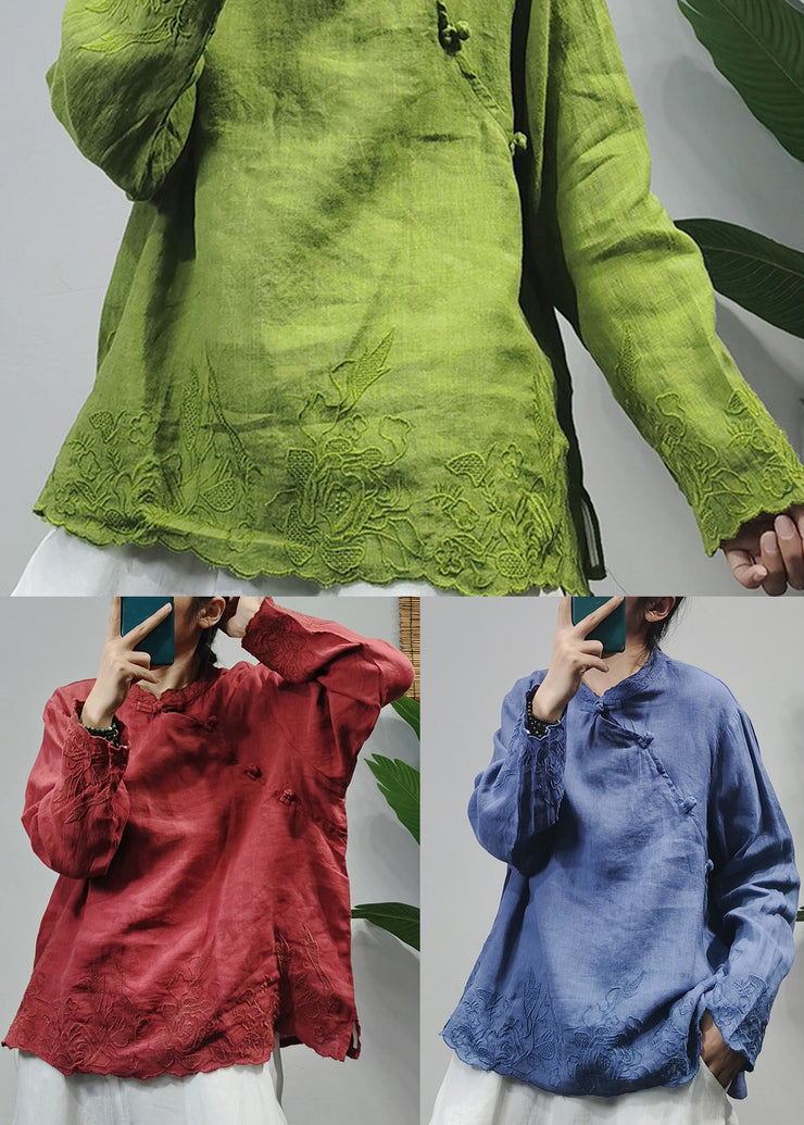 Chinese Style Green Embroideried Linen Shirt Top Long Sleeve