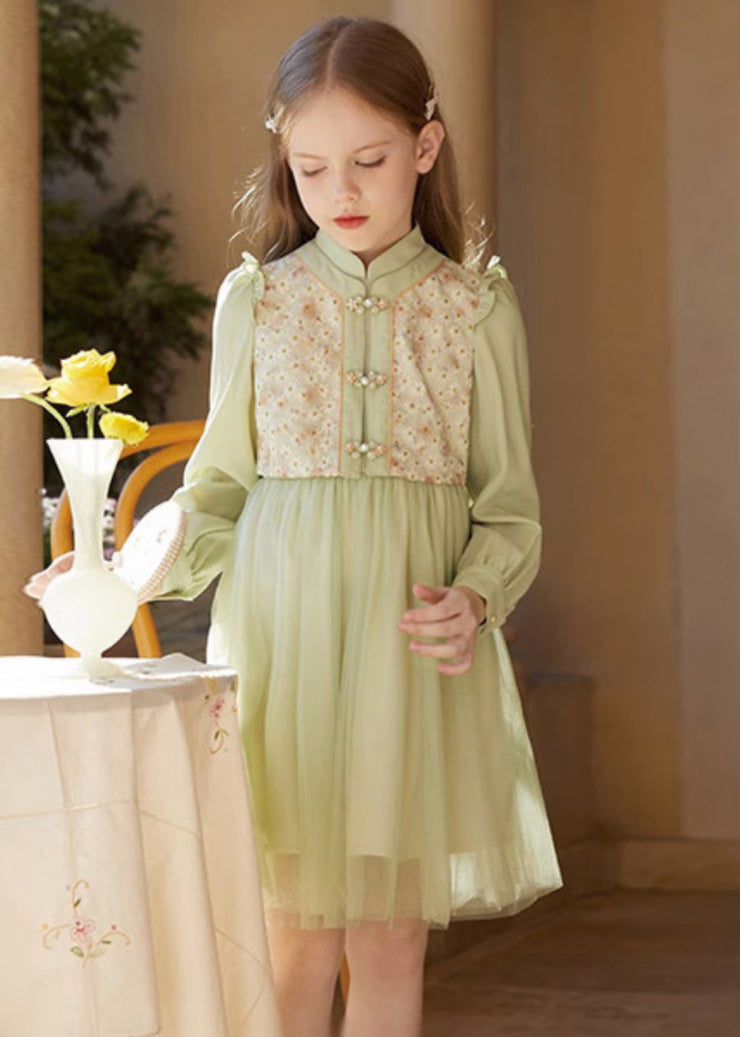 Chinese Style Green Embroidered Ruffled Tulle Patchwork Girls Mid Dress Fall