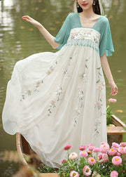 Chinese Style Green Embroidered Tasseled Patchwork Chiffon Long Dresses Summer