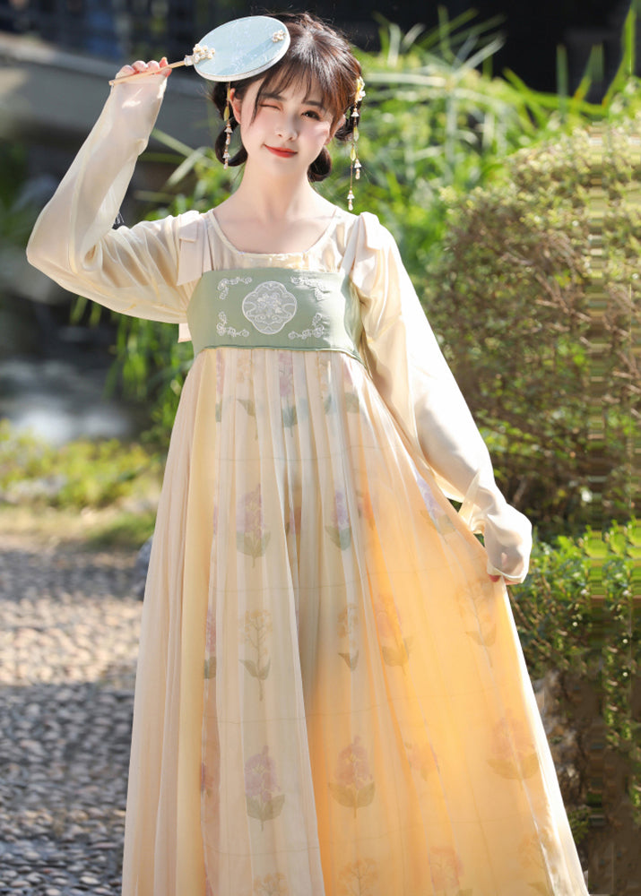 Chinese Style Green Embroidered Wrinkled Patchwork Chiffon Two Pieces Set Long Sleeve