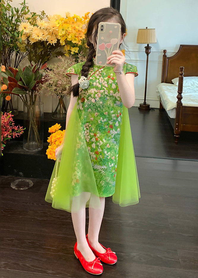 Chinese Style Green Mandarin Collar Patchwork Tulle Chiffon Kids Girls Mid Dress Summer