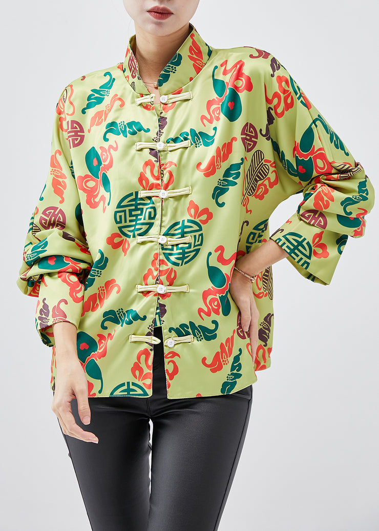 Chinese Style Green Print Silk Shirt Top Spring