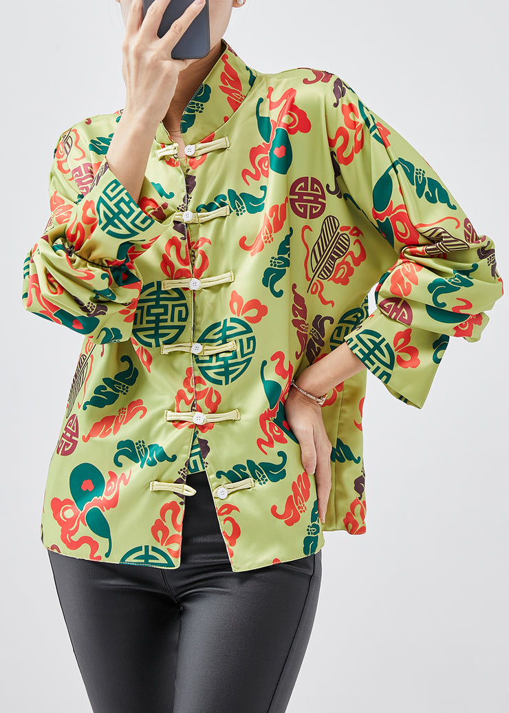 Chinese Style Green Print Silk Shirt Top Spring