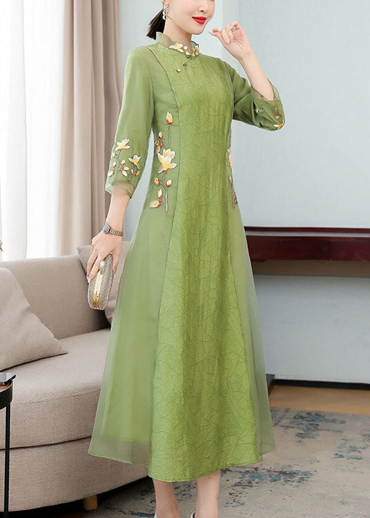 Chinese Style Green Ruffled Embroidered Patchwork Chiffon Dresses Bracelet Sleeve