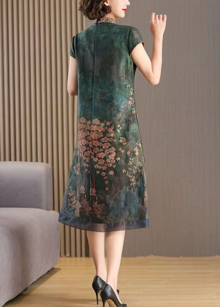 Chinese Style Green Stand Collar Embroidered Patchwork Silk Dresses Summer