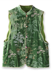 Chinese Style Green Stand Collar Embroidered Silk Velour Vest Tops Sleeveless