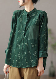 Chinese Style Green Stand Collar Print Button Corduroy Shirt Long Sleeve