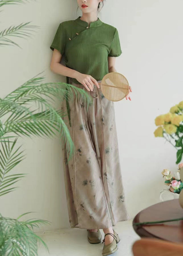 Chinese Style Green Stand Collar Tops And Pants Cotton Two Pieces Set Summer