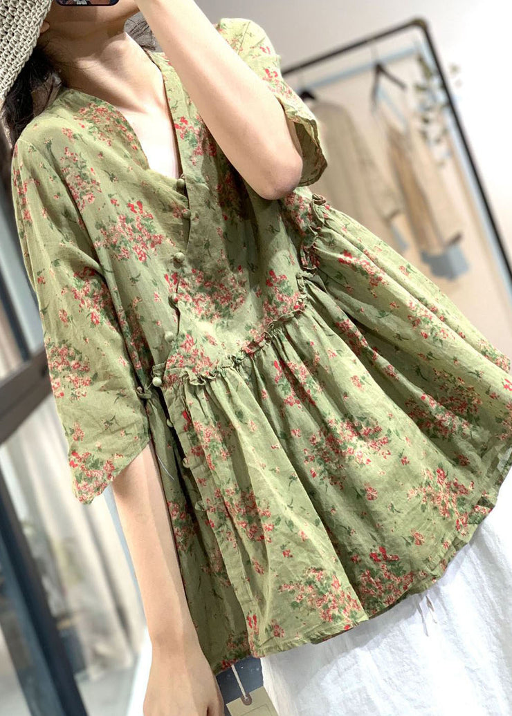 Chinese Style Green V Neck Button Ruffled Print Cotton Linen Tops Half Sleeve