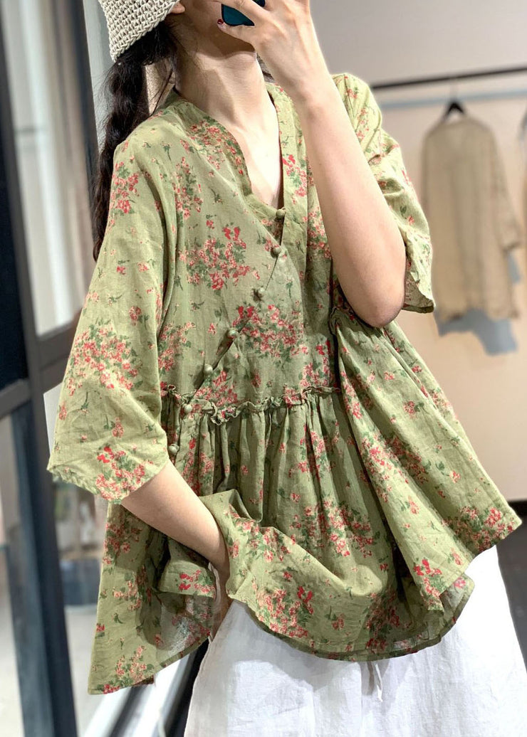 Chinese Style Green V Neck Button Ruffled Print Cotton Linen Tops Half Sleeve