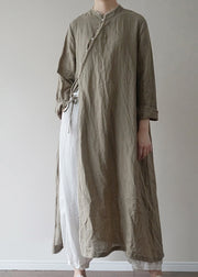 Chinese Style Green tie waist Linen Long Dresses Long Sleeve