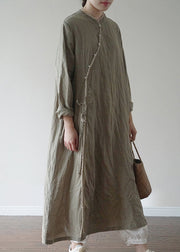 Chinese Style Green tie waist Linen Long Dresses Long Sleeve