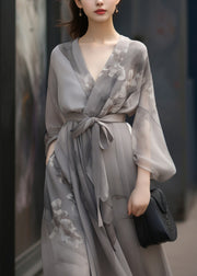 Chinese Style Grey V Neck Print Tie Waist Patchwork Chiffon Dress Fall