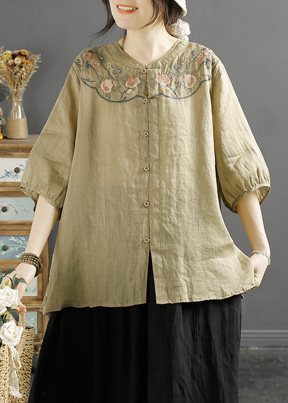 Chinese Style Khaki Embroidered Linen Shirt Tops Lantern Sleeve