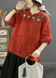 Chinese Style Khaki Embroidered Linen Shirt Tops Lantern Sleeve
