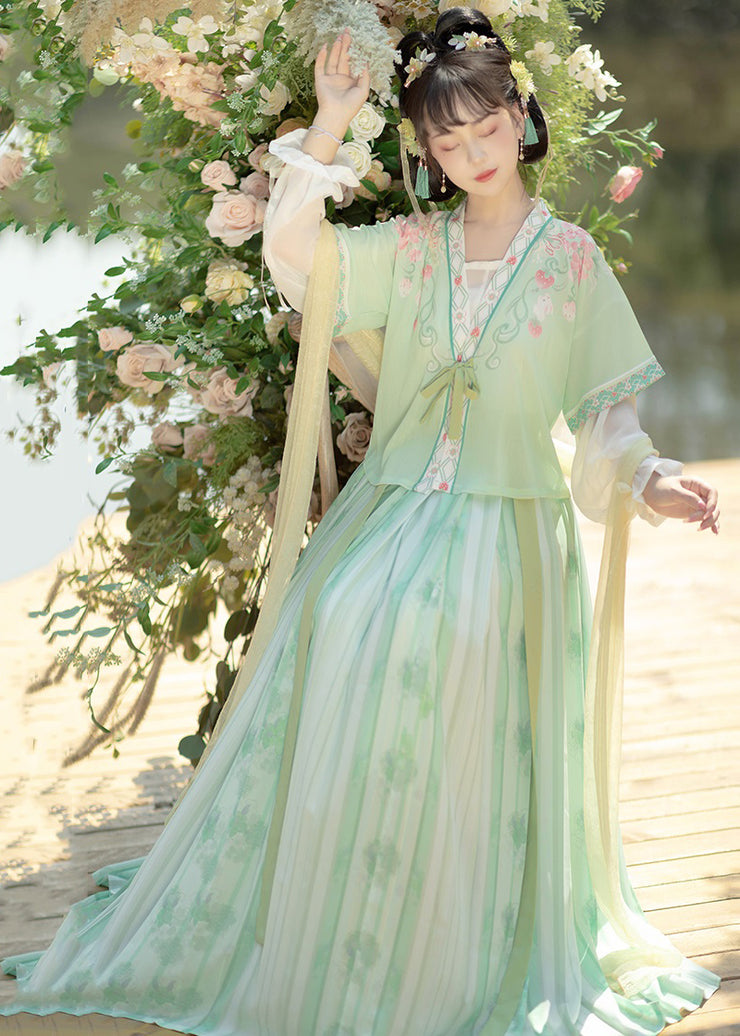 Chinese Style Light Green Embroidered Tops And Pleated Skirt ChiffonTwo Pieces Set Fall