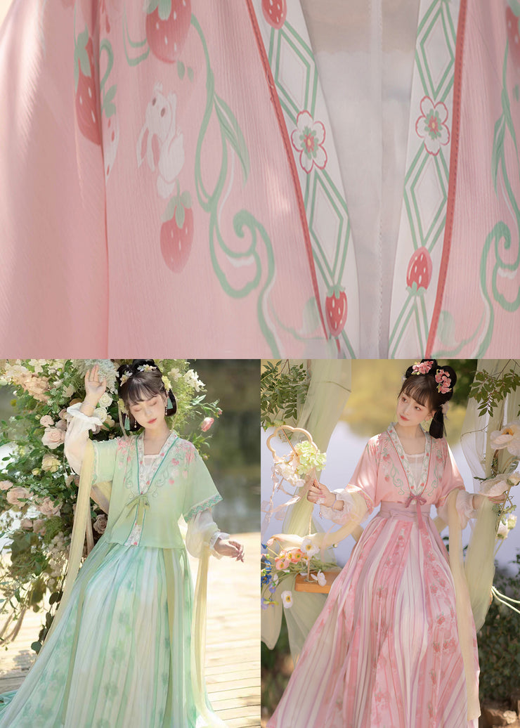 Chinese Style Light Green Embroidered Tops And Pleated Skirt ChiffonTwo Pieces Set Fall