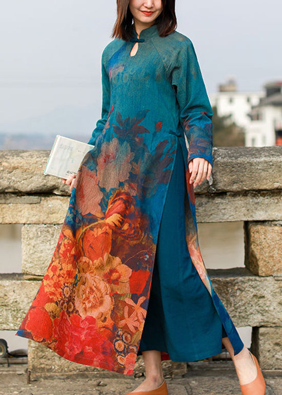 Chinese Style Mandarin Collar side open Floral print Dresses Long Sleeve