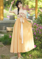 Chinese Style Orange Embroidered Tie Waist Patchwork Chiffon Long Dresses Summer