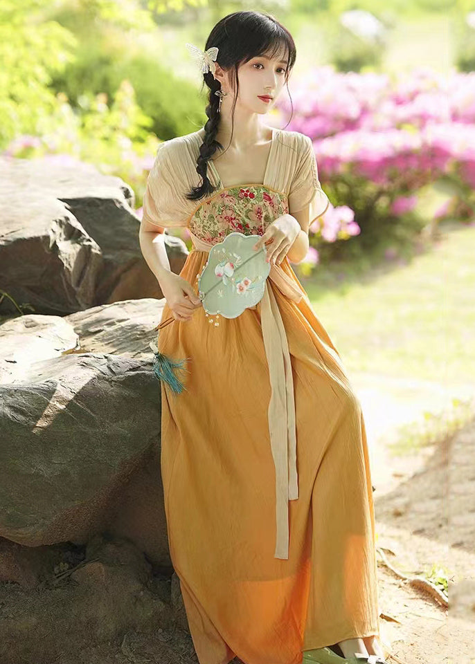 Chinese Style Orange Embroidered Tie Waist Patchwork Chiffon Long Dresses Summer