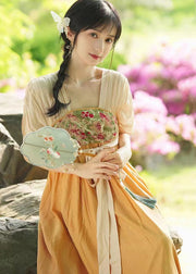 Chinese Style Orange Embroidered Tie Waist Patchwork Chiffon Long Dresses Summer