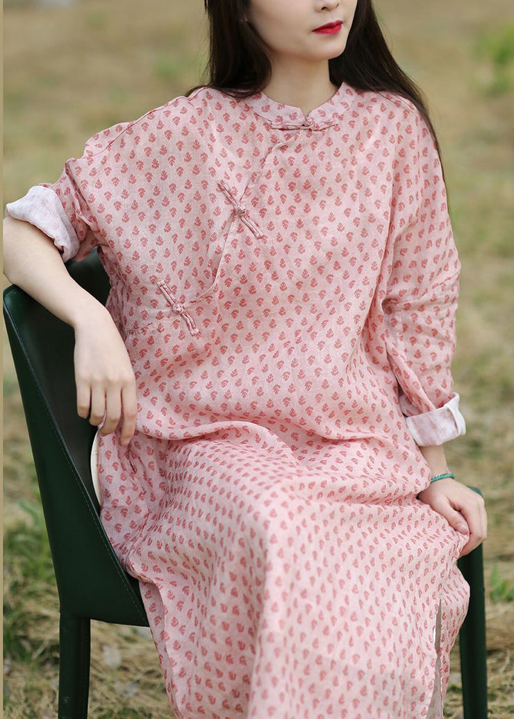 Chinese Style Pink Button Print Cotton Long Dress Spring