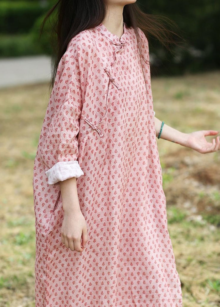 Chinese Style Pink Button Print Cotton Long Dress Spring