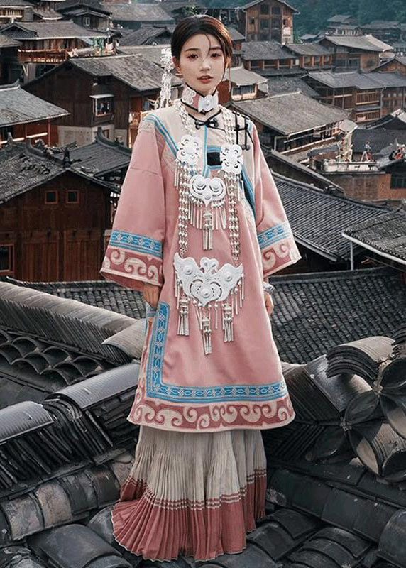 Chinese Style Pink Embroidered Wrinkled Cotton Two Pieces Set Fall