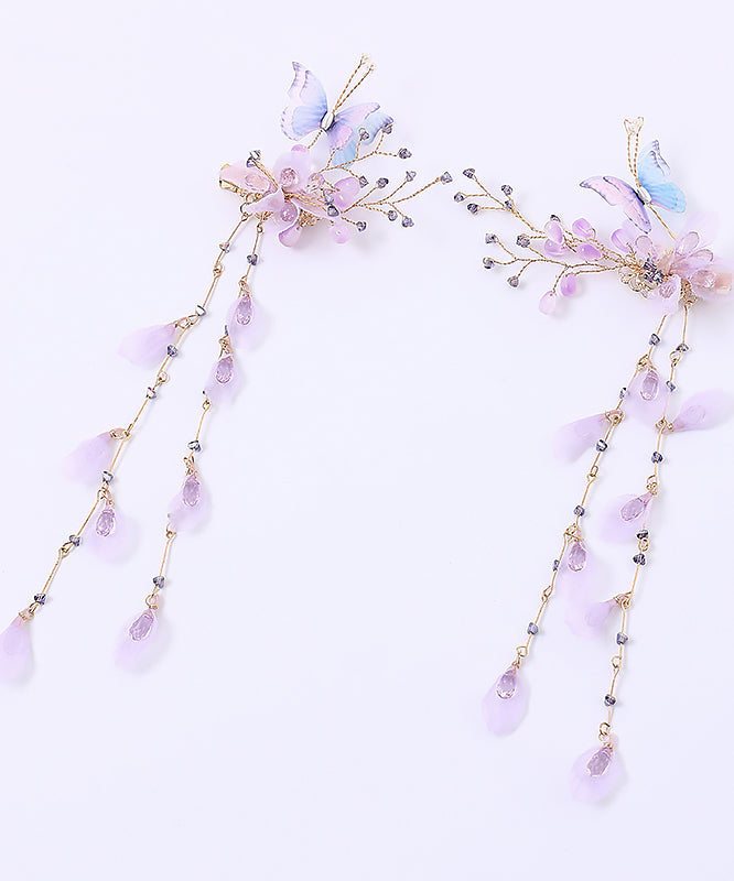 Chinese Style Purple Acrylic Cloth Butterfly Floral Tassel Hairpin