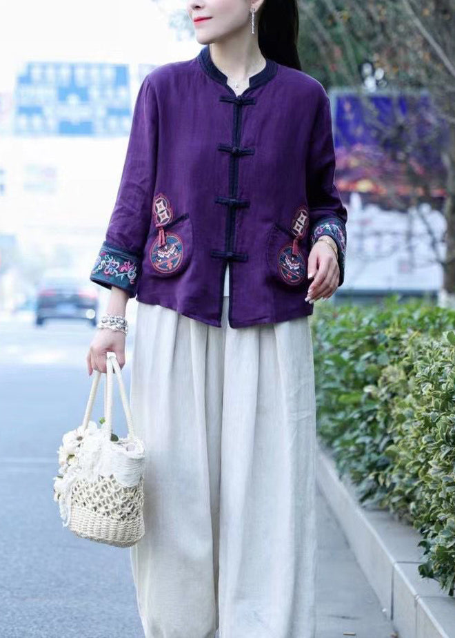 Chinese Style Purple Button Linen Top Long Sleeve