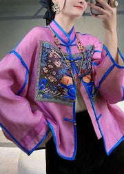 Chinese Style Purple Embroidered Patchwork Silk Tops Spring