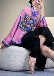 Chinese Style Purple Embroidered Patchwork Silk Tops Spring