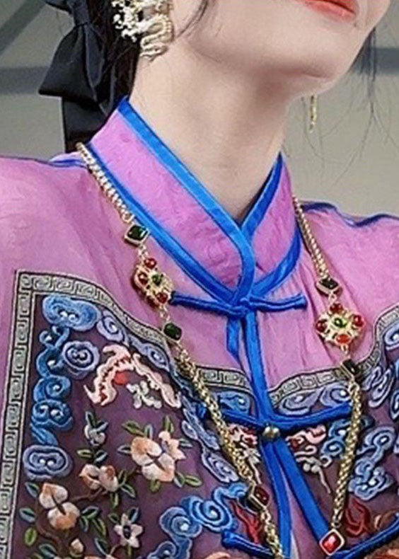 Chinese Style Purple Embroidered Patchwork Silk Tops Spring