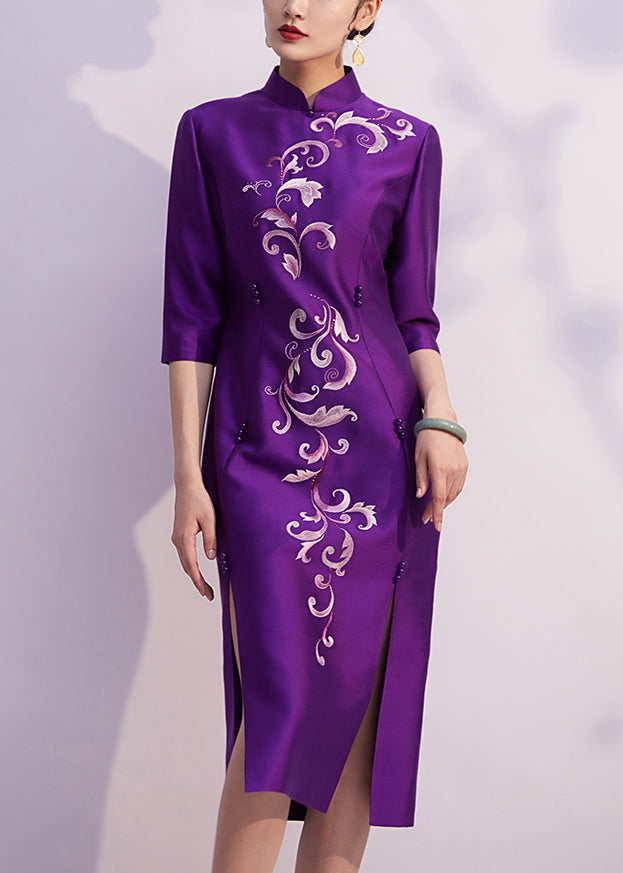 Chinese Style Purple Embroidered Side Open Silk Dresses Half Sleeve